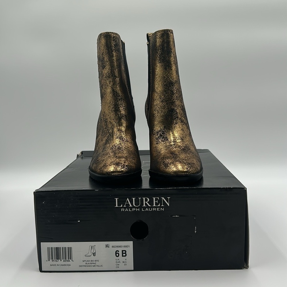 Lauren Ralph Lauren Mylah Gold Distressed Metallic Leather Ankle Boots | 6B NWB - Picture 11 of 12